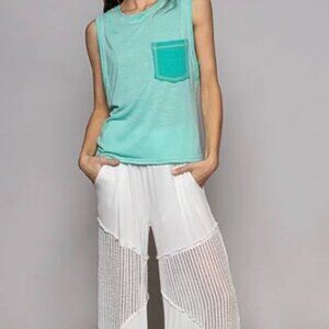 POL Stitch-back Slub & Ribbed Pocket Muscle Tank Aqua Size Small